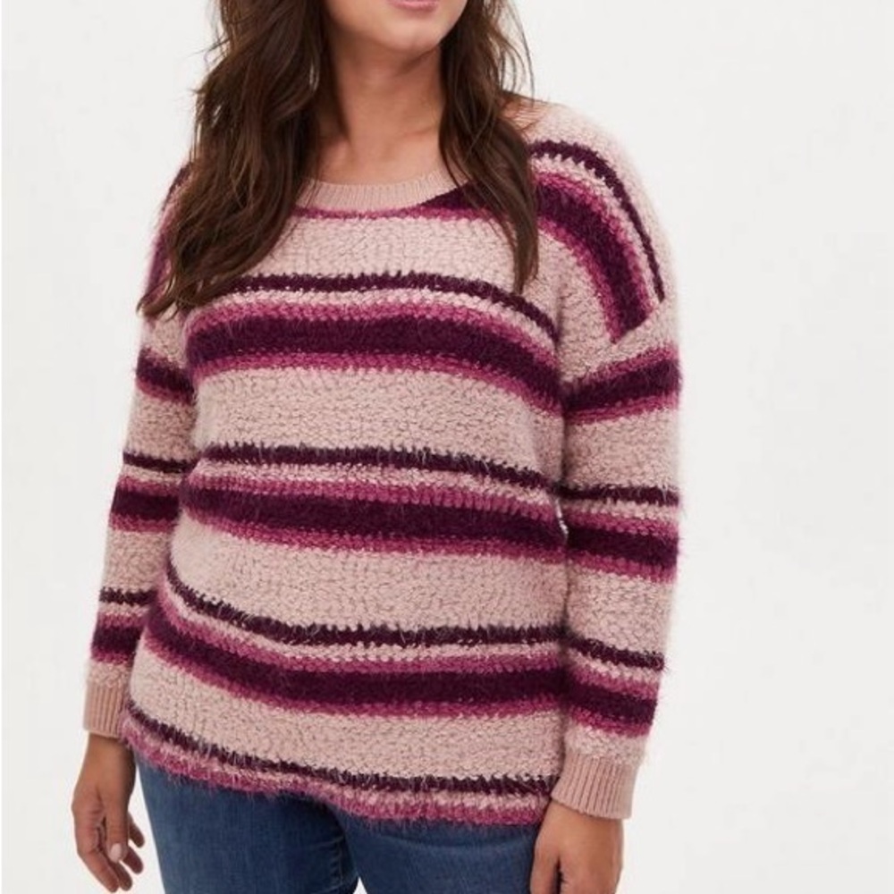 Women’s torrid 1 Pink Purple Striped Fuzzy Pullover Drop Shoulder Sweater 14 16
